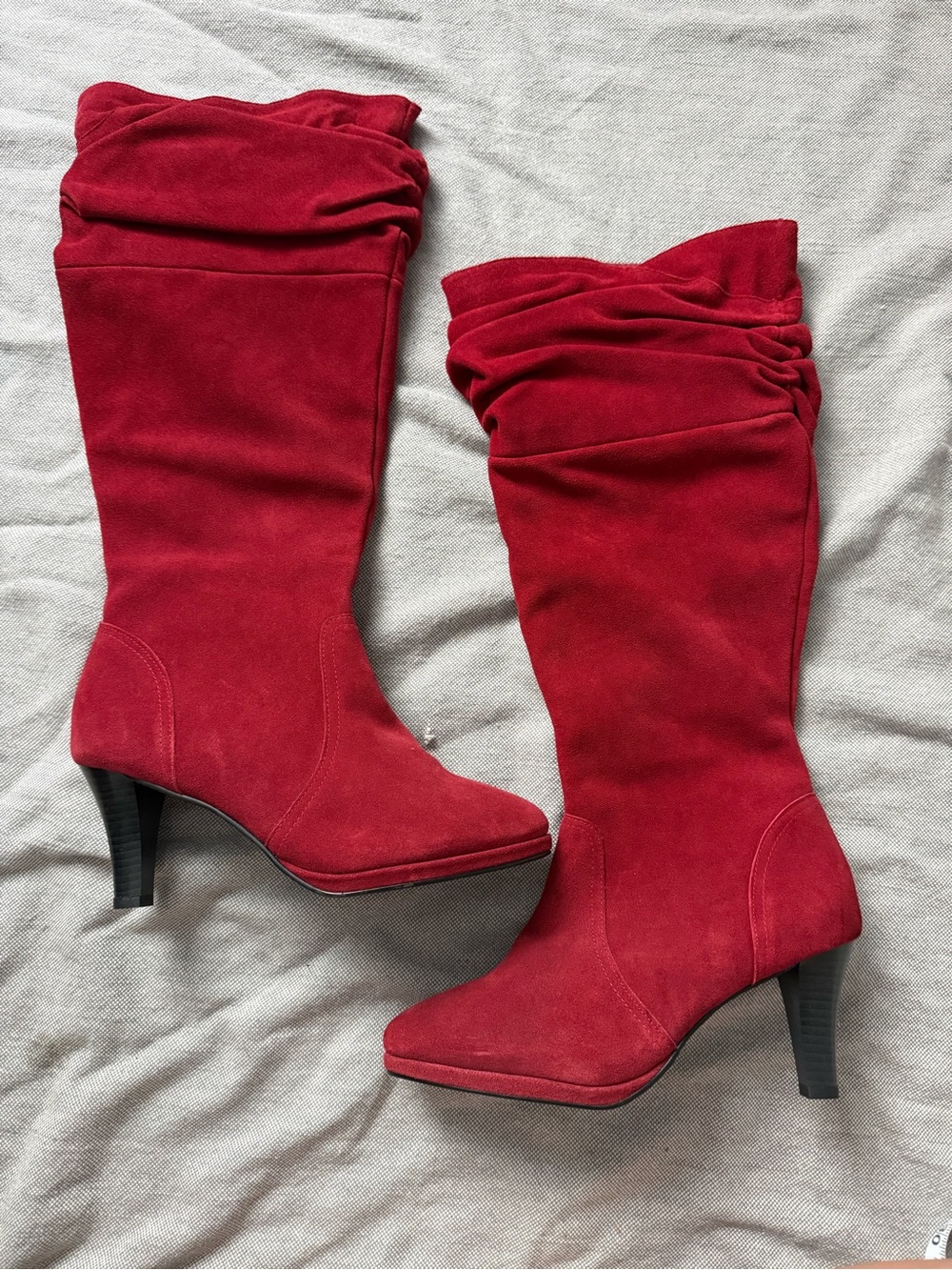 Hot in Hollywood Red Suede Slouch Over-the-Knee Heeled Boots